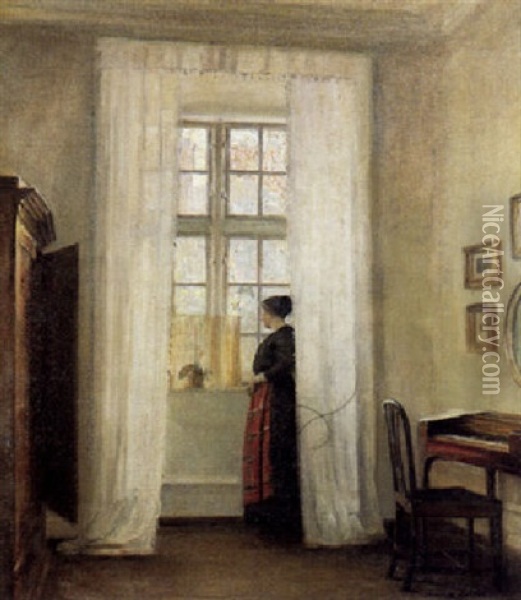 Interior Med Dame, Der Star Ved Vinduet Oil Painting - Carl Vilhelm Holsoe