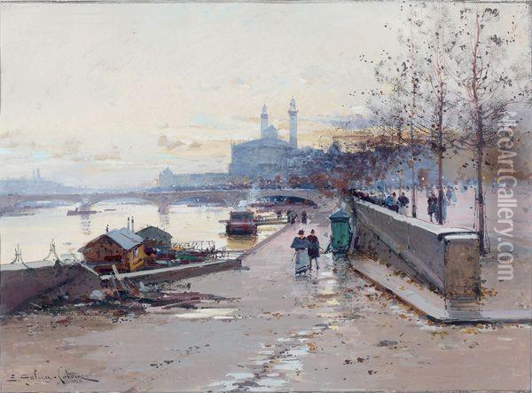 La Seine Et L'ancien Trocadero Oil Painting - Eugene Galien-Laloue