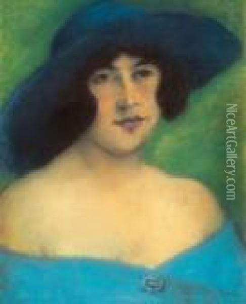 Girl In A Blue Hat, 1922-23 Oil Painting - Jozsef Rippl-Ronai