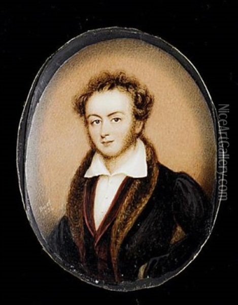 A Gentleman, Wearing Fur-trimmed Black Coat Over Burgundy Jacket And White Chemise Oil Painting - Albin Roberts Burt