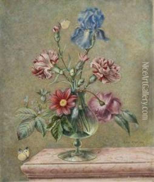 Iris Bleus, Roses Et Narcisses Dans Un Vase Pose Sur Un Entablement De Marbre Oil Painting - Henriette-Antoinette Vincent