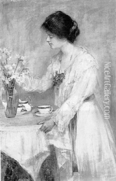 Arranging Flowers Before Tea Oil Painting - Mary B. Barnard