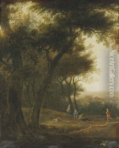 A Wooded Landscape With A Hunting Party Oil Painting - Joris van der Haagen