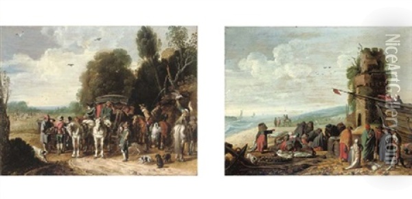 A Hunting Party With A Horse-drawn Carriage In A Wooded Landscape (+ Fisherfolk Inspecting Their Catch On A Beach; Pair) Oil Painting - Govert (Mynheer) Jansz