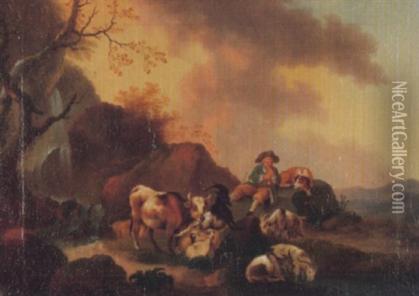 Flote Spielender Hirte Mit Seiner Herde Bei Einem Wasserfall Oil Painting - Daniel Dueringer