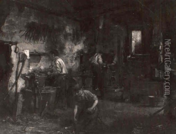 At The Blacksmith Shop Oil Painting - Hugo Charlemont