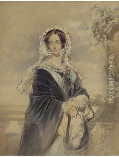 Portrait Of Queen Victoria, Three-quarter-length, Standing On The Terrace At Osborne House, Carrying Her Son Alfred Ernest Albert Oil Painting - Edmund Havell Jnr.