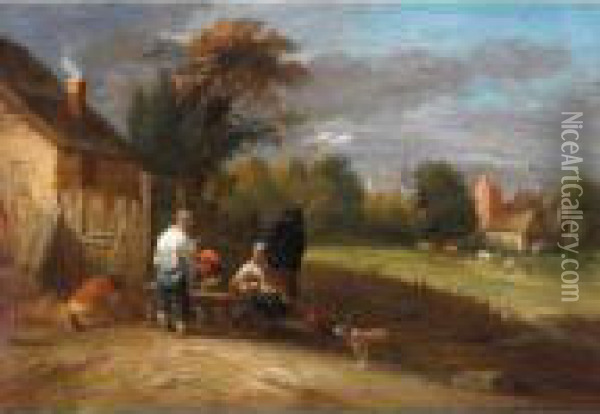 A Landscape With Boors Smoking Outside A Cottage, A Village Beyond Oil Painting - Theobald Michau