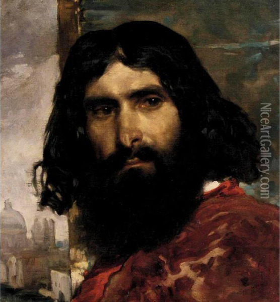 Portrait Of A Man With A View Of St. Peter's In The Background Oil Painting - Frederick Leighton
