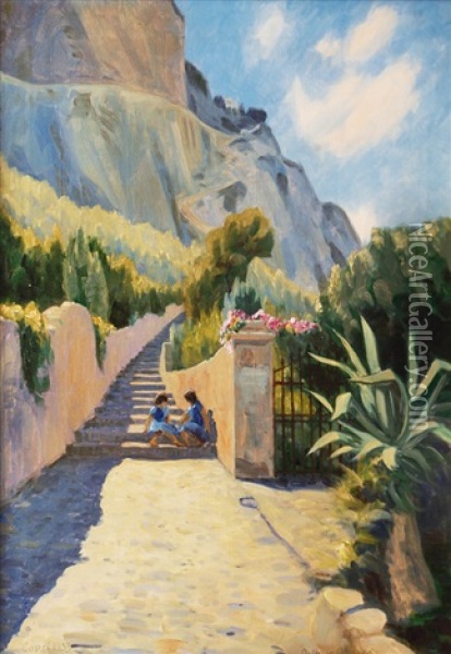 Children Playing On Capri Oil Painting - Arthur Nielsen