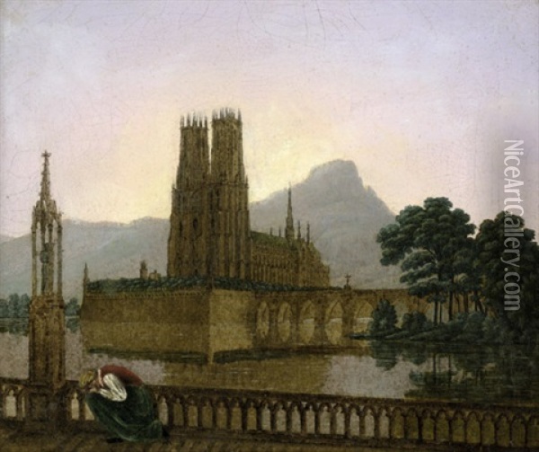 Gotischer Dom In Einem See, Im Vordergrund Eine Kniende Frau Vor Einer Heiligenstatue Oil Painting - Karl Friedrich Schinkel