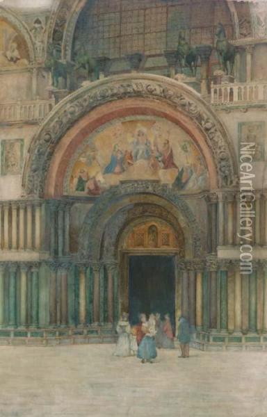 Figures Outside The Basilica San Marco, Venice Oil Painting - A. Augustus Neve