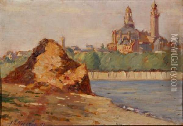 River Landscape With View Of A Cathedral Oil Painting - George Loftus Noyes