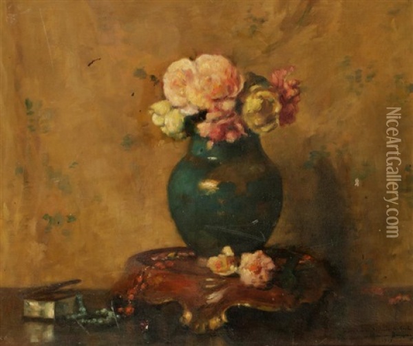A Still Life Study Of Flowers In A Vase Beside A Jewellery Box Oil Painting - Maurice Bompard