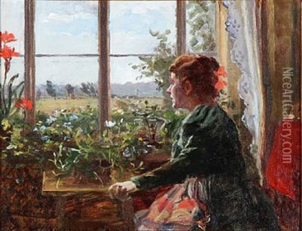 A Girl Waiting By The Window Oil Painting - Leis (Georgia Elise) Schjelderup