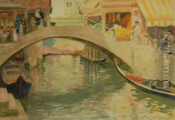 Venetian Canal Scene With Figures Along A Bridge Oil Painting - Edmund Henry Garrett