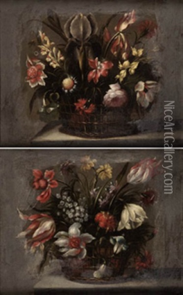 Pareja De Canastillas Con Flores (pair) Oil Painting - Juan De Arellano