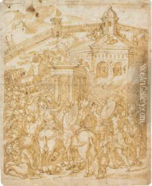 Roman Soldiers Attacking A Temple Within City Walls Oil Painting - Rancesco De' Rossi (see Salviati, Cecchino Del)