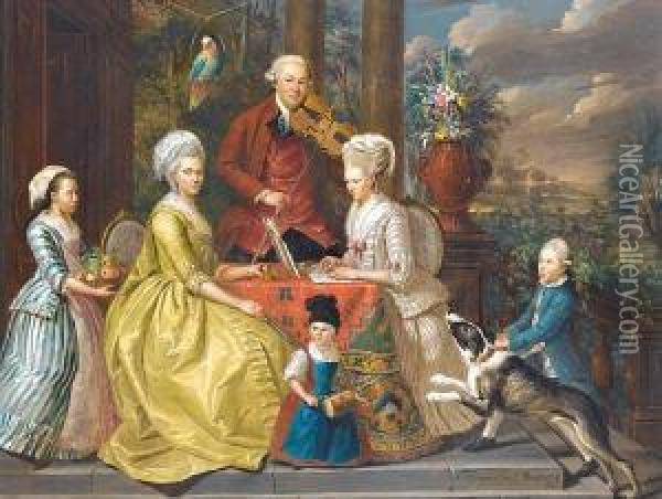 Portrait Of The Van Assche Family Seated In Aloggia, A Landscape Beyond Oil Painting - Gerard, Louis Fr. Van Der Puyl