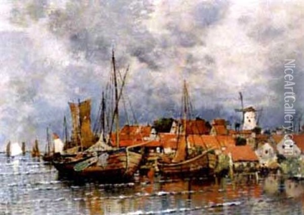 Moored Boats And Shipping In A Harbour Oil Painting - Karl Heffner