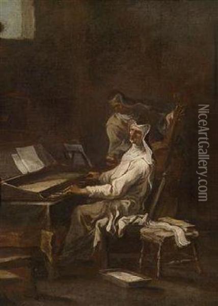 Two Nuns Playing Musical Instruments Oil Painting - Alessandro Magnasco