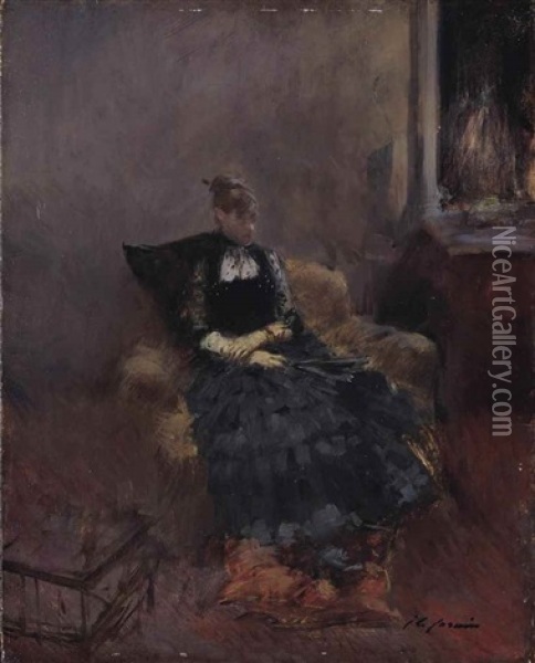 Elegante A La Robe Noire Dans Un Fauteuil Oil Painting - Jean-Louis Forain