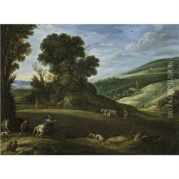 An Extensive Landscape With Hunters Crossing A Field Being Ploughed Oil Painting - Paul Bril