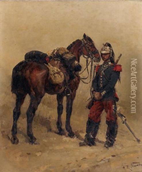 Militaire Et Son Cheval Oil Painting - Alphonse Marie de Neuville