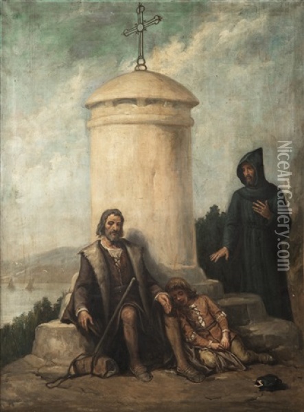 Cristobal Colon Con Su Hijo En La Rabida Oil Painting - Jose Maria Rodriguez De Losada