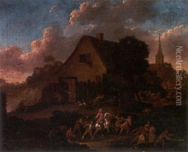 A Skirmish Outside A Village Oil Painting - Karel Breydel