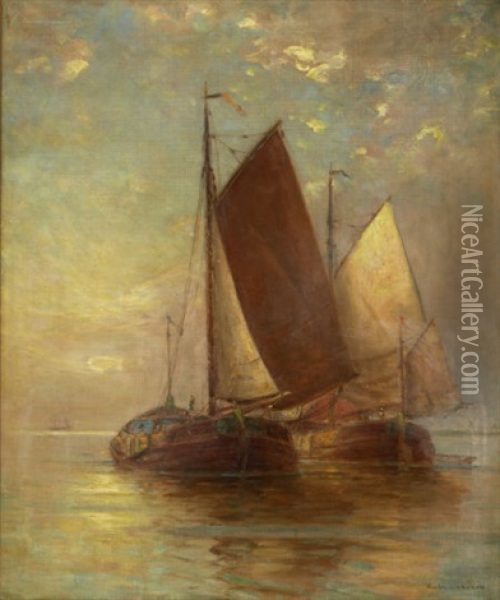 Sailing Vessels At Sea Oil Painting - Hendricks A. Hallett