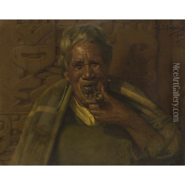 Ka Pai Te Kai Paipa, Portrait Of Te Hei, A Maori Chieftainess Oil Painting - Charles Frederick Goldie