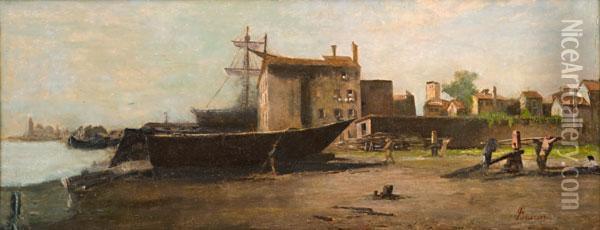 Spiaggia Con Barche In Cantiere Oil Painting - Giovanni Lavezzari