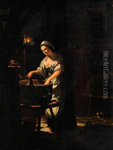 Junge Wascherin Am Zuber In Einem Innenraum Bei Kerzenlicht Oil Painting - Godfried Schalcken