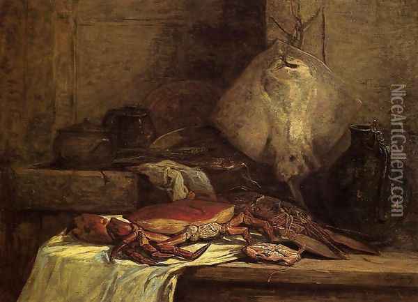 Crab, Lobster and Fish (aka Still Life with Skate) Oil Painting - Eugene Boudin