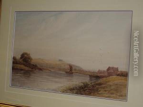 River Scene With Barges, By A Countryhouse Oil Painting - James Orrock