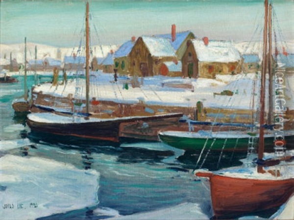 Winter Harbor Oil Painting - Jonas Lie
