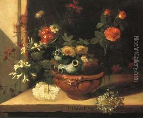 A Ceramic Vase With Roses, 
Hortensias And Other Flowers In A Claypot On A Stone Ledge (one Of A 
Series Of Months) Oil Painting - Niccolino Van Houbraken