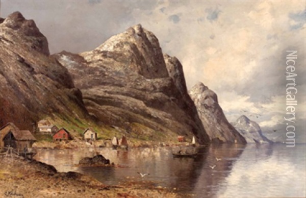 Fjordlandschaft Mit Holzhausern Und Fischerbooten Oil Painting - Adolf Kaufmann