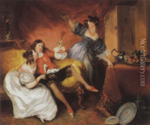Junger Kavalier Mit Zwei Damen Oil Painting - Hippolyte Portelette