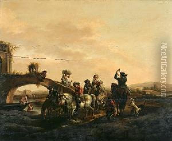 A Hawking Party Crossing A Bridge Oil Painting - Abraham Hondius