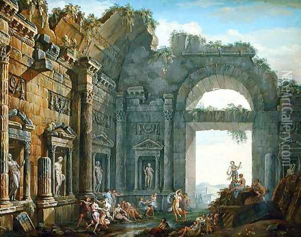 Architectural Ruins (2) Oil Painting - Charles-Louis Clerisseau