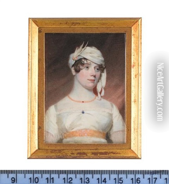 Lady Lacon, Wearing White Dress, Gold Waistband, Blue Pin At Her Corsage, Gold Necklace And White Turban Oil Painting - Andrew Robertson