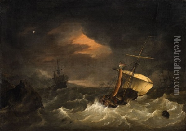 Ships In Stormy Sea At Thunder Oil Painting - Hendrik Kobell
