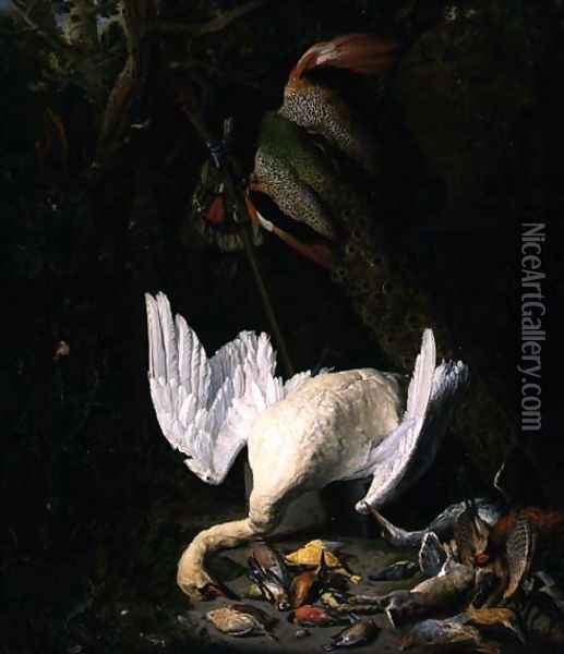 A Hung White Swan Peacock and Other Dead Game in a Landscape Oil Painting - Pieter Gysels