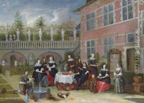 Portrait Of A Family Around A 
Table Served With Lobster, A Pie, Bread And Flowering Spring Onions, In A
 Courtyard With A Fountain And A Sculpture Garden, An Orchard Beyond Oil Painting - Gillis van Tilborgh