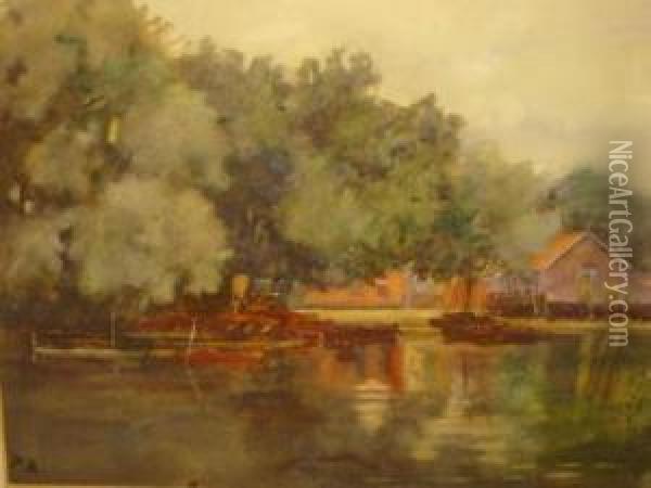 Boatyard By A River Oil Painting - Percy Robertson