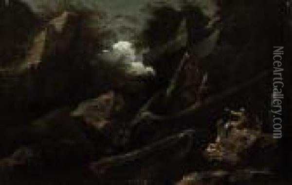 Three Soldiers In A Rocky Landscape Oil Painting - Salvator Rosa