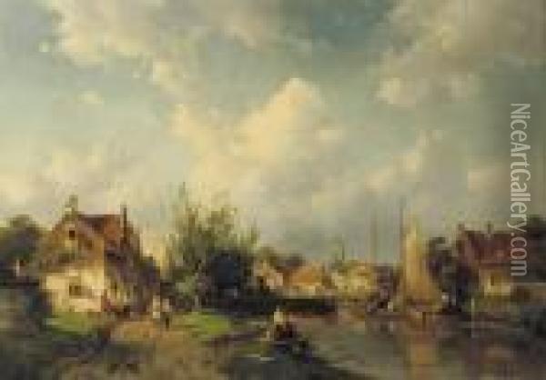 A Busy Riverside Village Oil Painting - Charles Henri Leickert