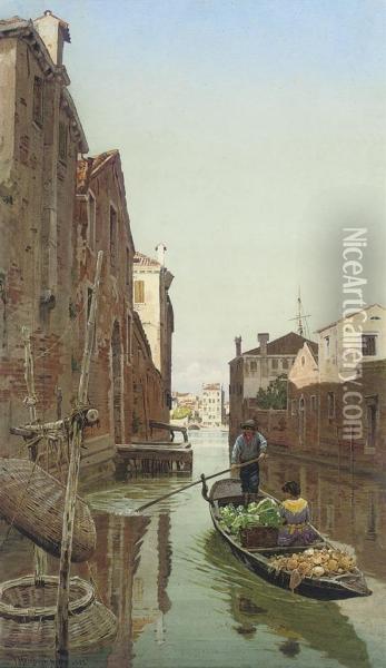 A Gondola Loaded With Vegetables On A Venetian Backwater Oil Painting - T. Hampson Jones